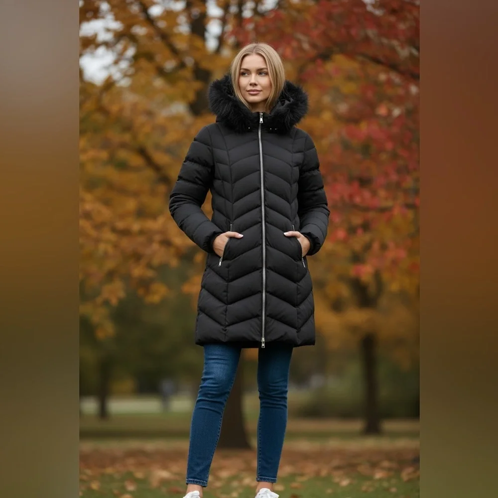 Tahari Black Down Puffer Coat with Removable Faux Fur Hood | Size M | Like New - Picture 11 of 16